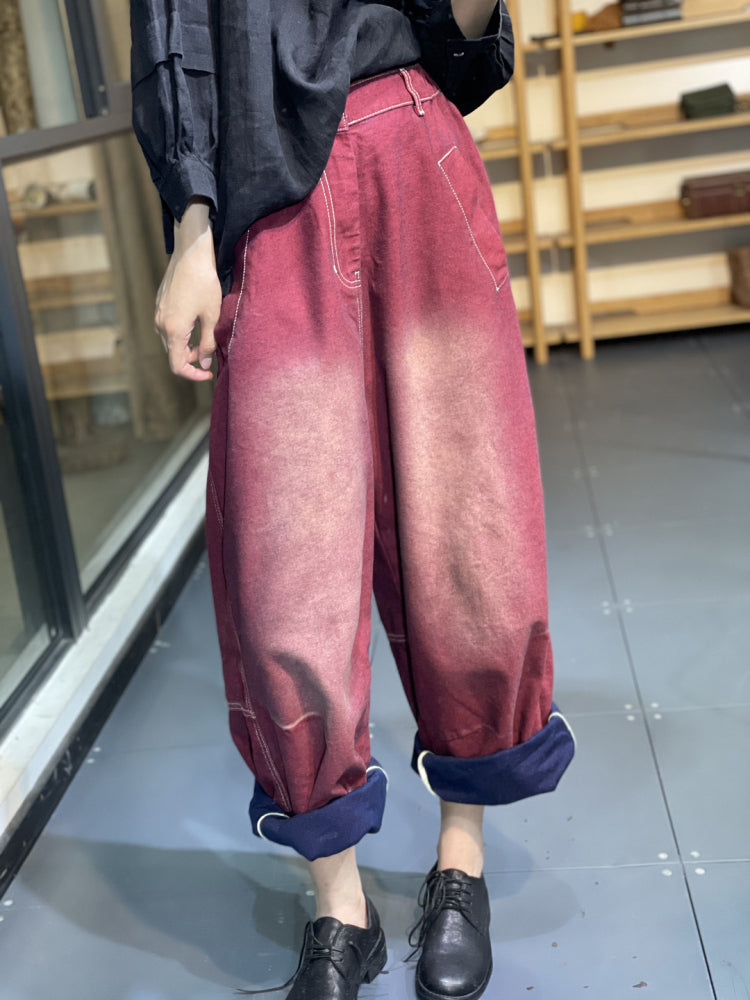 Retro Loose Denim Contrast Color Pant With Pockets