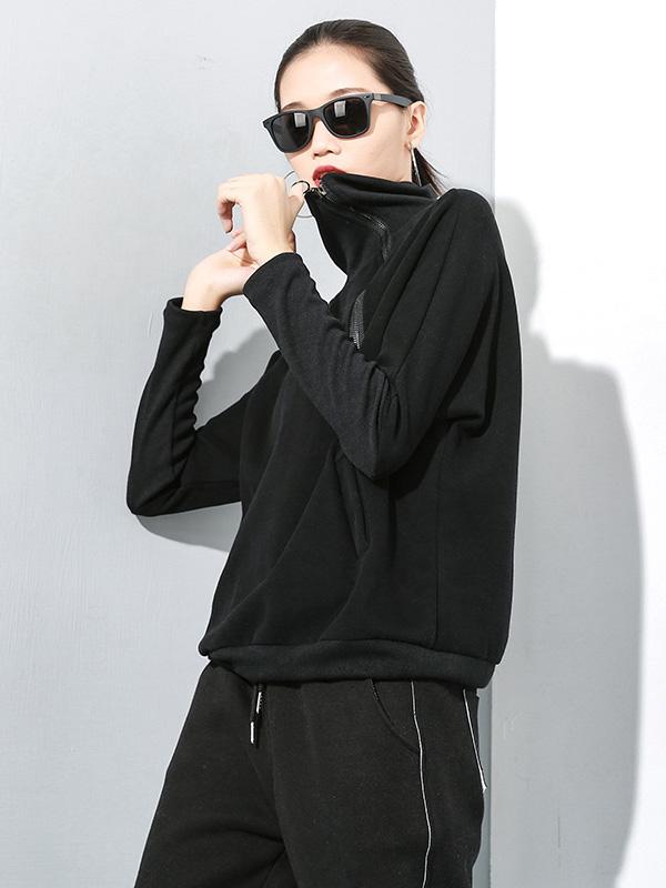 Black Zipper Stitching Turtleneck Sweatshirt