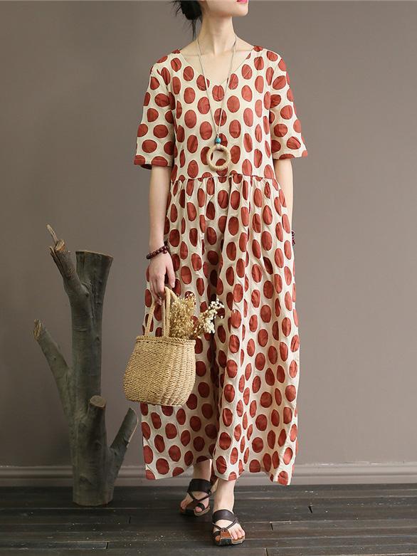 Loose Polka Dot Printed V-neck Long Dress