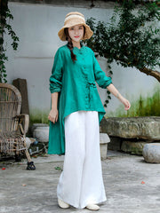 Linen Solid Cropped Long Sleeves Blouse