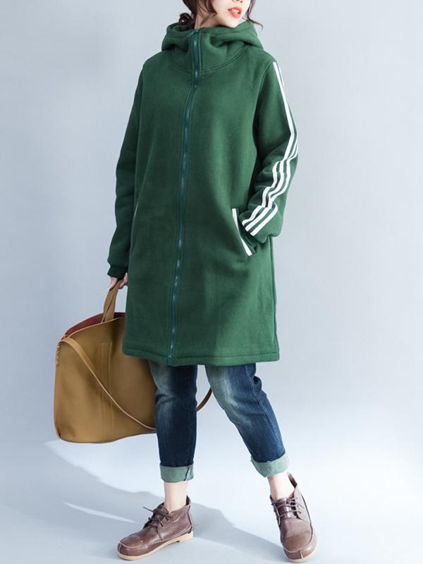 Loose Zipper Stripes Hoodie Long Coat