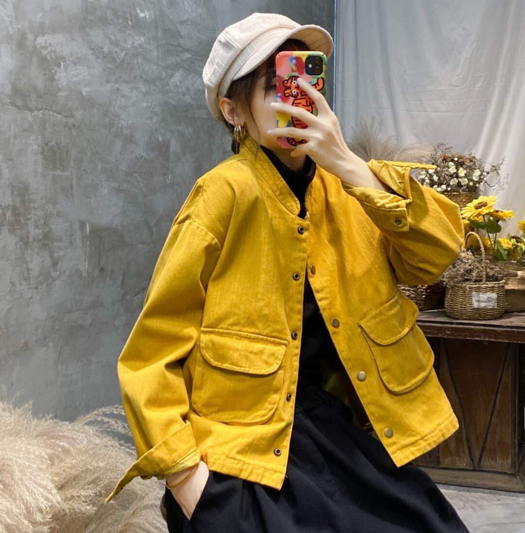 Women Retro Stand Collar Solid Color Coat