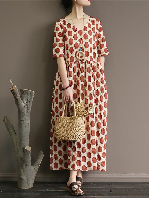 Loose Polka Dot Printed V-neck Long Dress