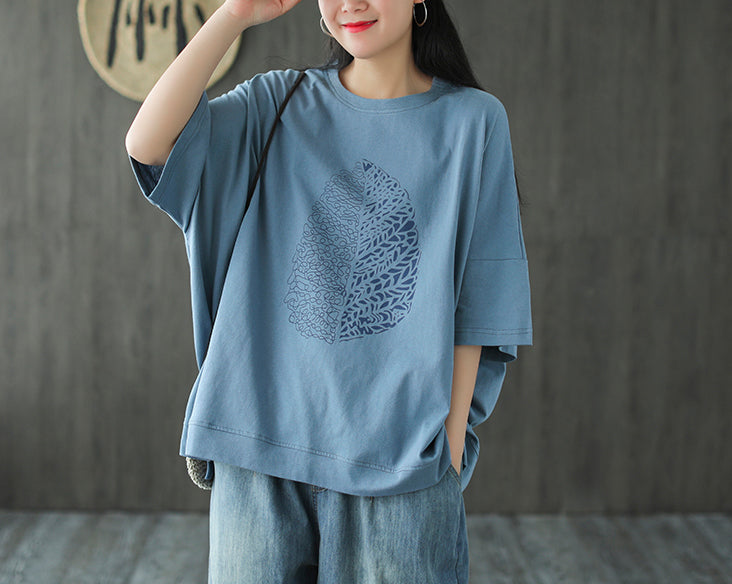 Leaf Printed Summer Half Sleeve Cotton T-Shirt