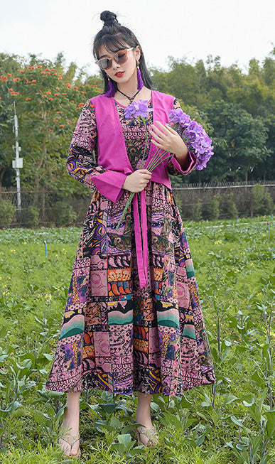 Retro Ethnic Round-Neck Long Sleeve Maxi Dress