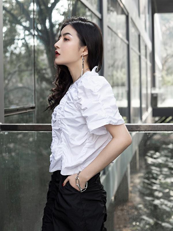 Loose Pleated Solid Puff Sleeve T-Shirt