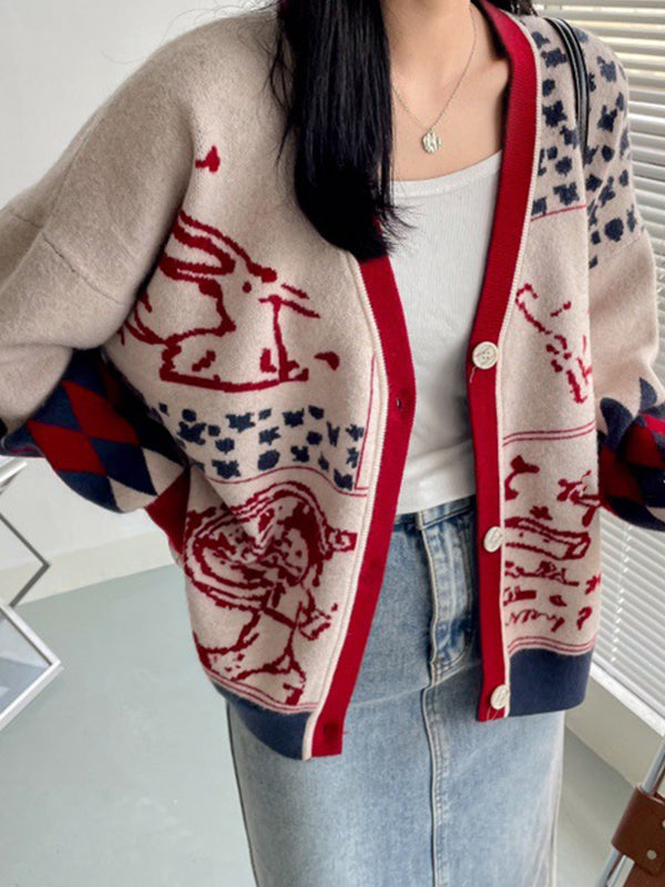 Knitted Printed V Neck Long Sleeve Cardigan Top