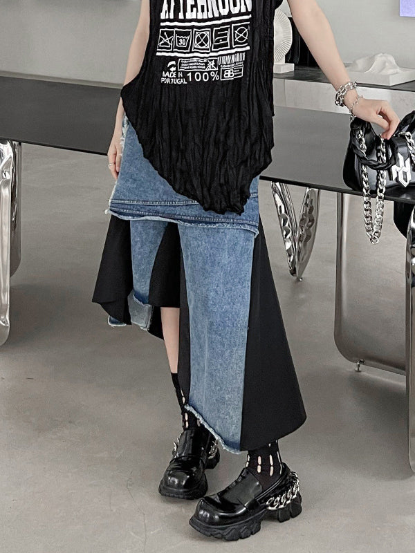 Asymmetric Contrast Color Fringed Pleated Split-Joint Skirts
