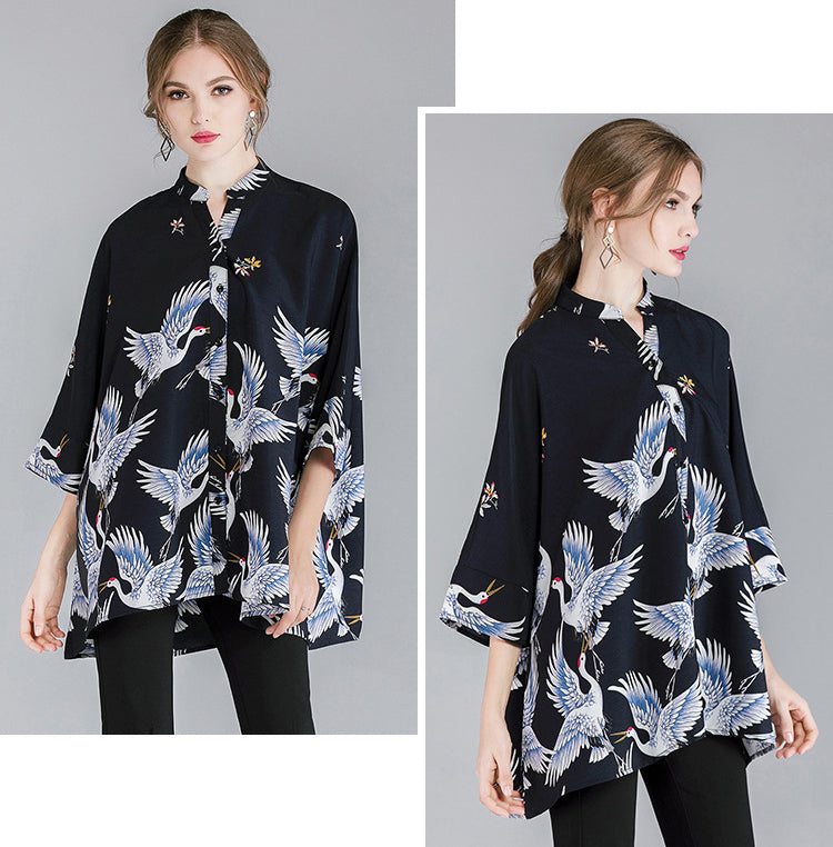 Crane Print Loose Oversized Shirt