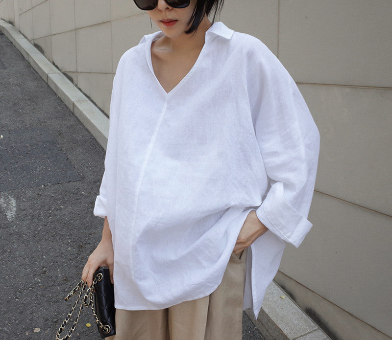 Loose V-Neck Irregular Long Sleeve Shirt