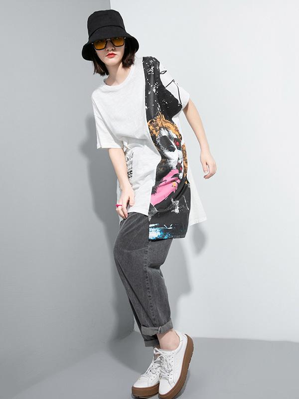 Cropped Loose Print Round Neck T-Shirt