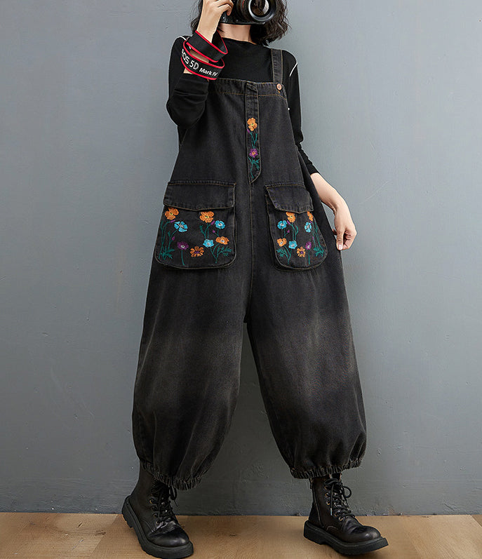 Vintage Embroidered Printed Denim Jumpsuit