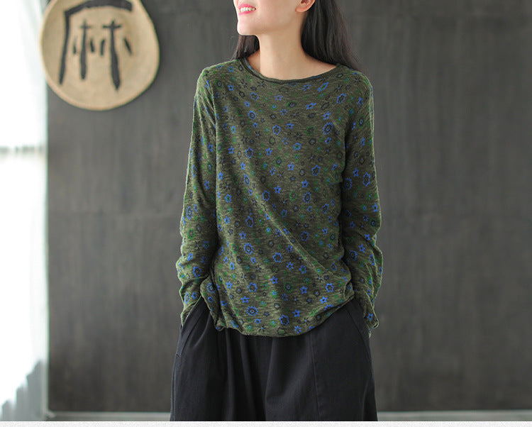 Retro Loose Round Neck Floral Sweater