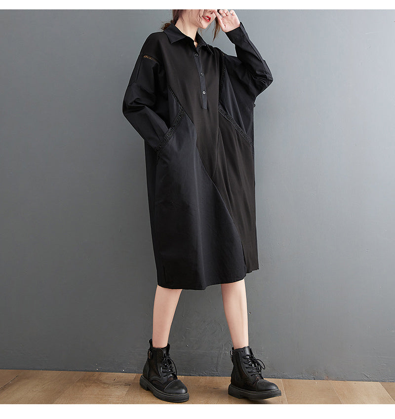 Solid Color Stitching Long-Sleeved Shirt Midi Dress