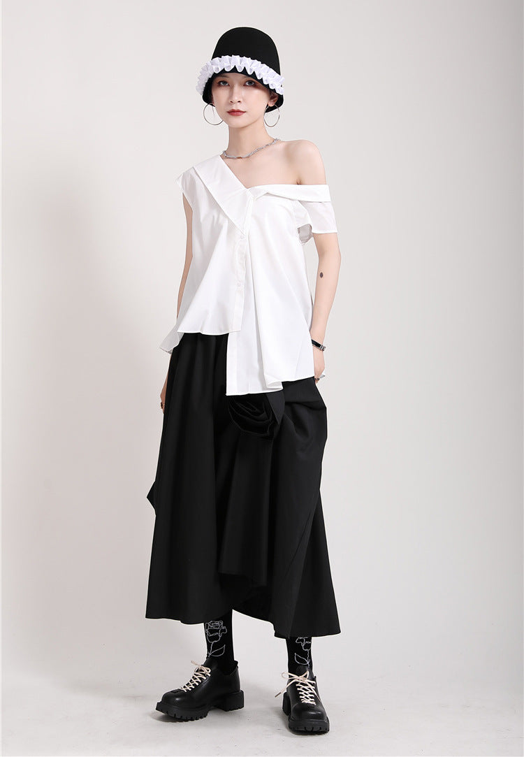 Women Lace Up Big Bow Irregular Slanted Shoulder Shirt