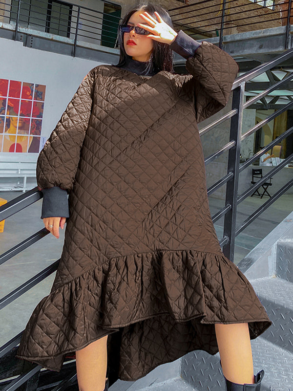 Casual Ruffled Solid Color Plaid Midi Dress