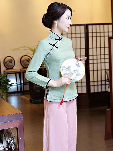 Gray-green Ramie Cotton Cheongsam Tops