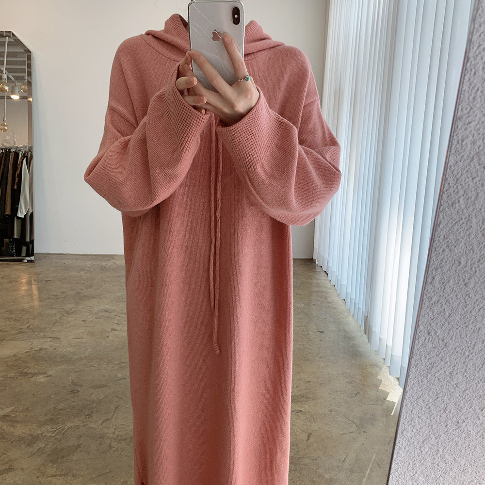 Loose Solid Knitted Split Hooded Midi Dress