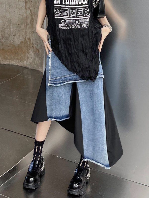 Asymmetric Contrast Color Fringed Pleated Split-Joint Skirts