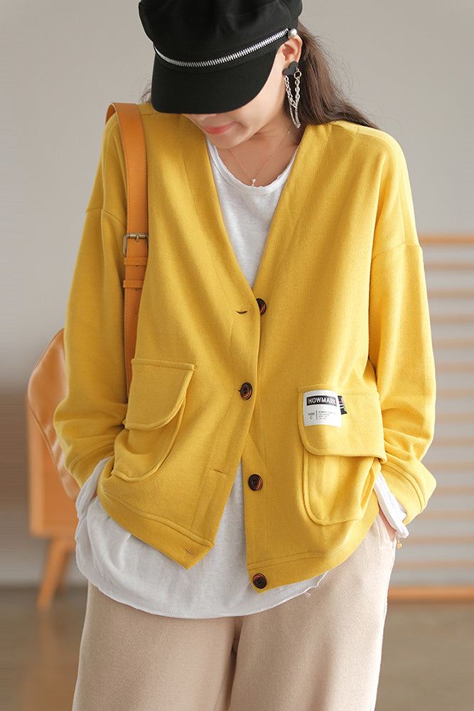 Soft And Comfortable Patch Loose V-Neck Solid Color Outwear