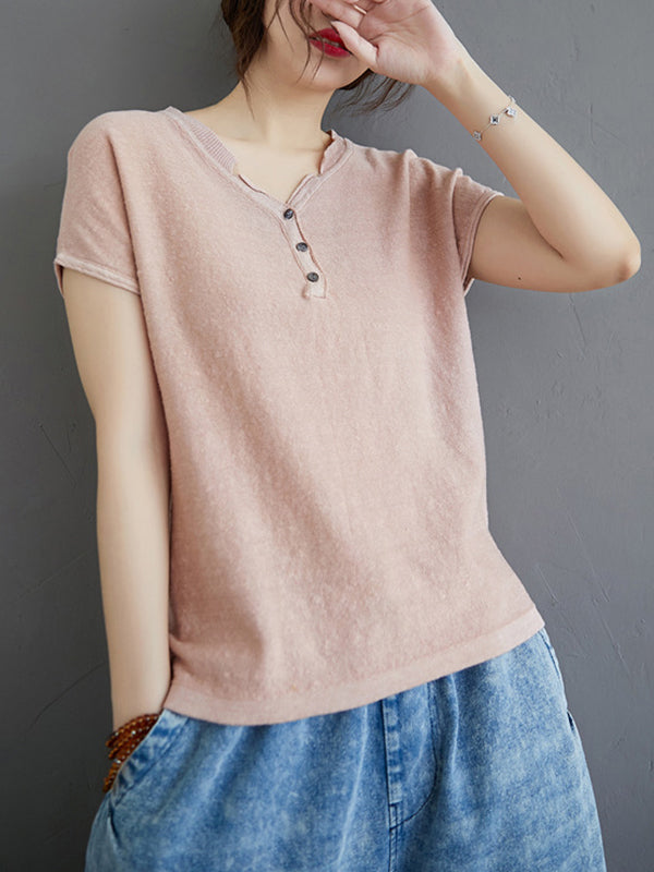 Women Solid Color V-Neck Buttoned Loose Short Sleeve T-Shirt