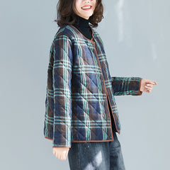 Women Retro Round Neck Plaid Print Coat