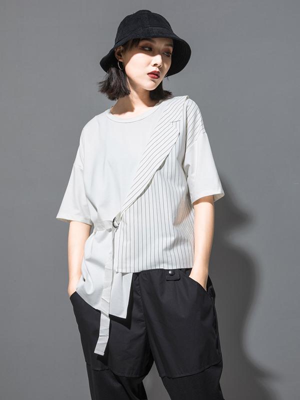 Striped Splicing Cropped Lace-Up T-Shirt