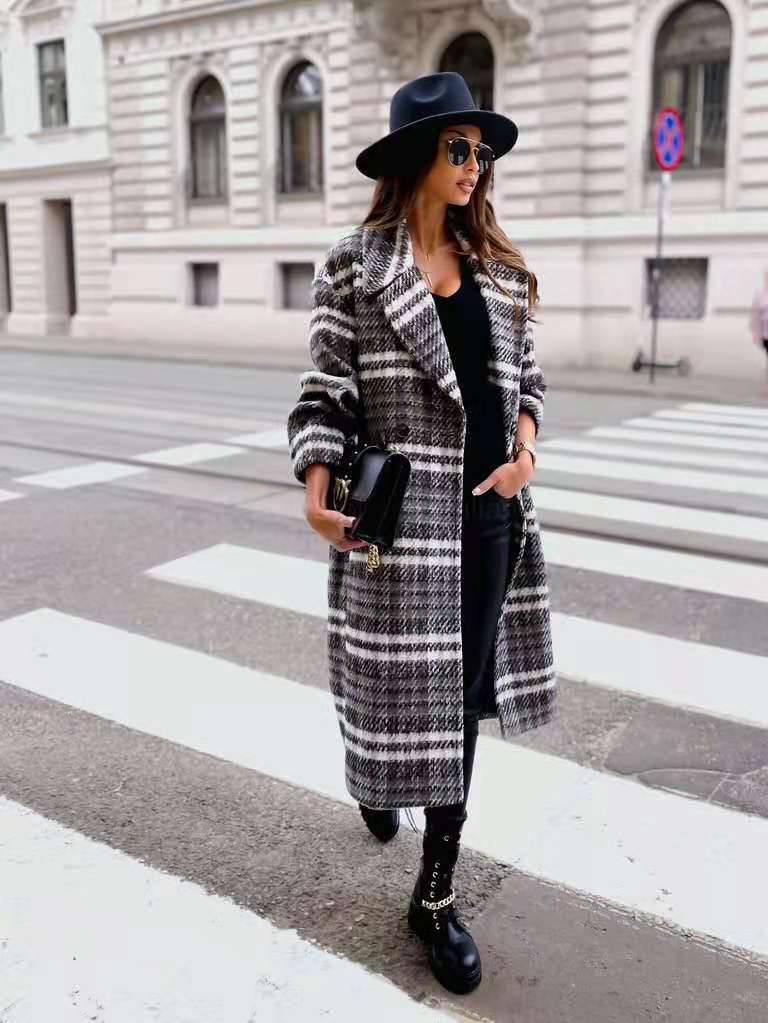 Classic Plaid Lapel Collar Midi Outerwear