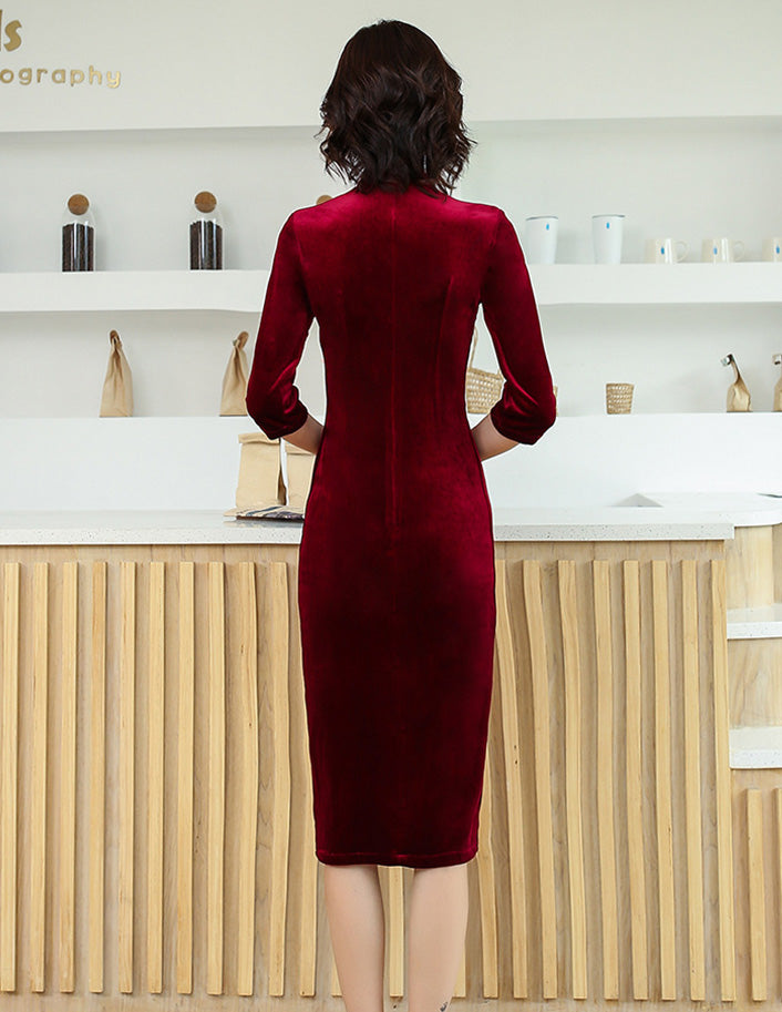 Vintage Stand Up Collar Black Seven Part Sleeve Cheongsam Maxi Dress