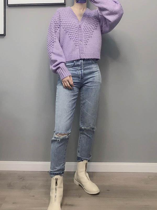 Purple Vintage Puff Sleeve V-Neck Outwear