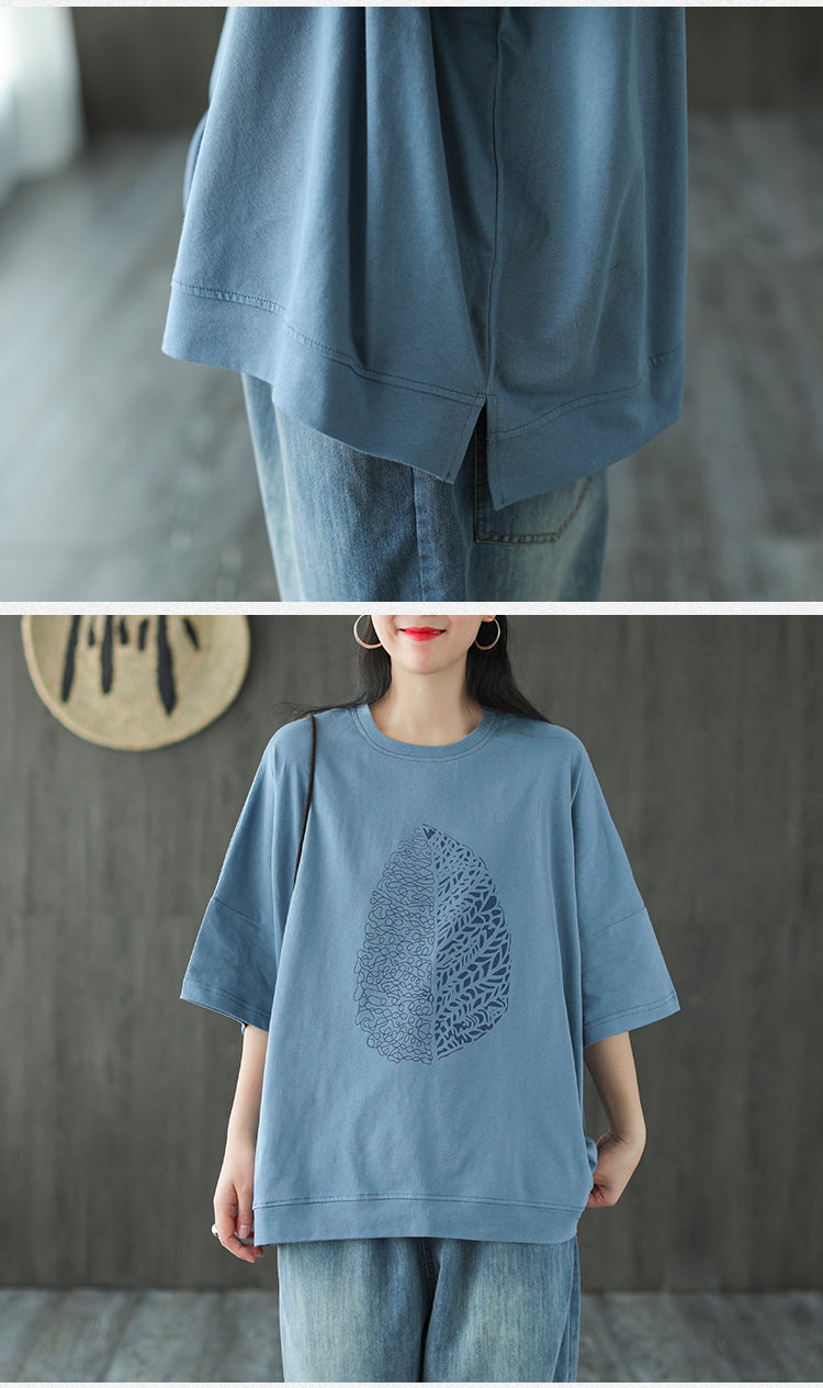 Leaf Printed Summer Half Sleeve Cotton T-Shirt