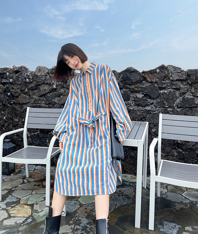 Loose Striped Belted Irregular Shirt Dress