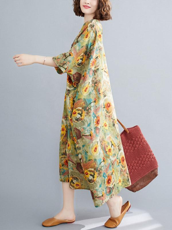 Artistic Retro Floral Round-Neck Dress