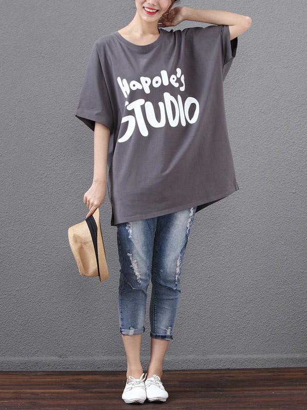 Batwing Sleeves Printed Letter T-Shirt