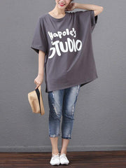 Batwing Sleeves Printed Letter T-Shirt