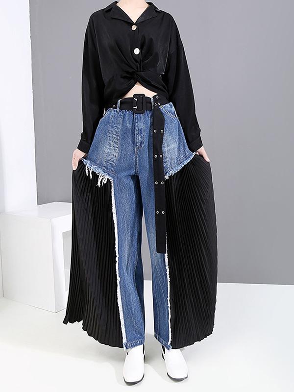 Loose Split-joint Pleated Jean Pants