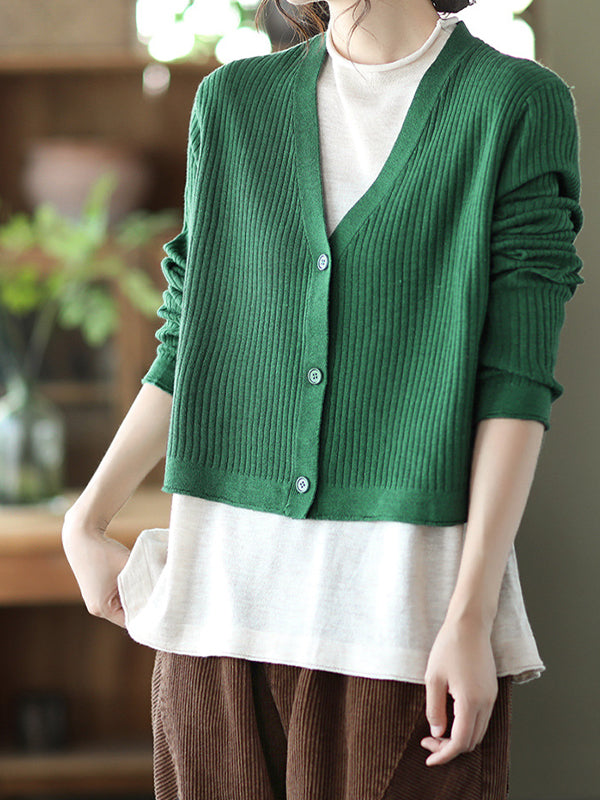 Retro Color-Block Fake Two-Piece Knitted Sweater Cardigan