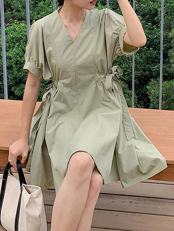 Original Solid V-Neck Puff Sleeve Dress