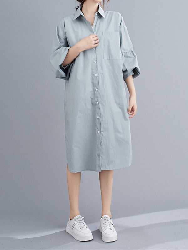 Solid Lapel Puff Sleeves Shirt Dress