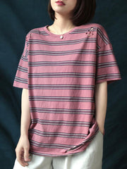 Loose Striped Round Neck Hollow T-Shirt