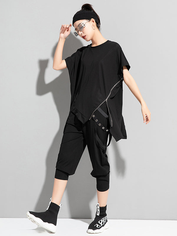 Original Asymmetric Zipper Short Sleeve T-Shirts Tops