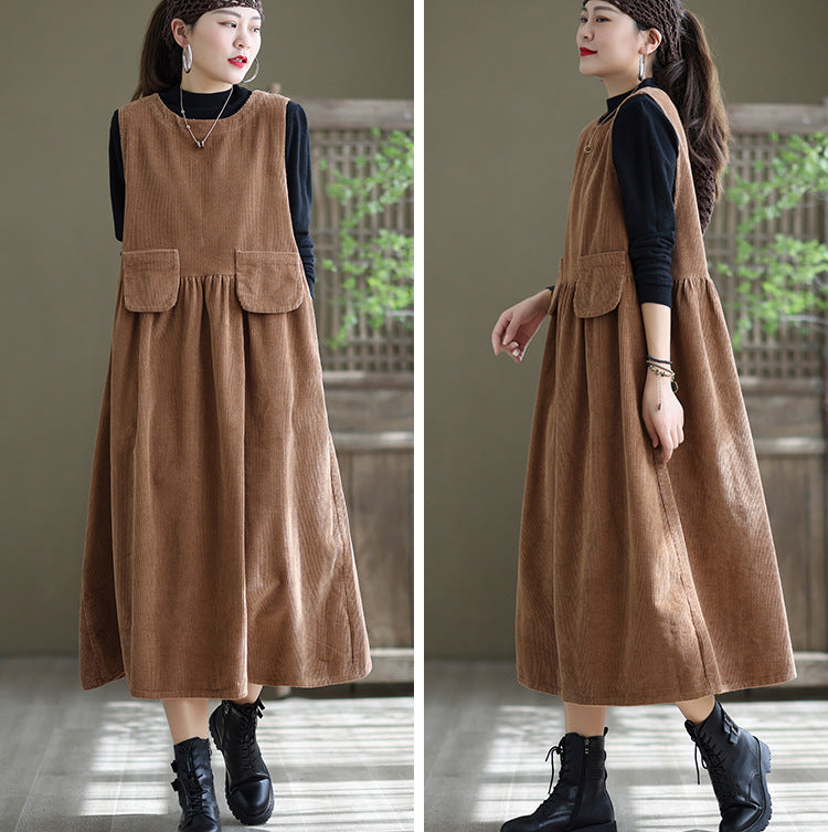 Round Neck Solid Loose Corduroy Midi Dress