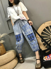 Plaid Splicing Loose Jean Cropped Harem Pants