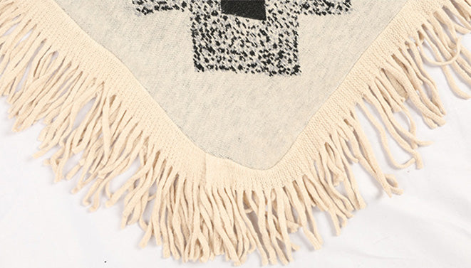 Loose Tassel Abstract Printed Knitted Shawl Sweater