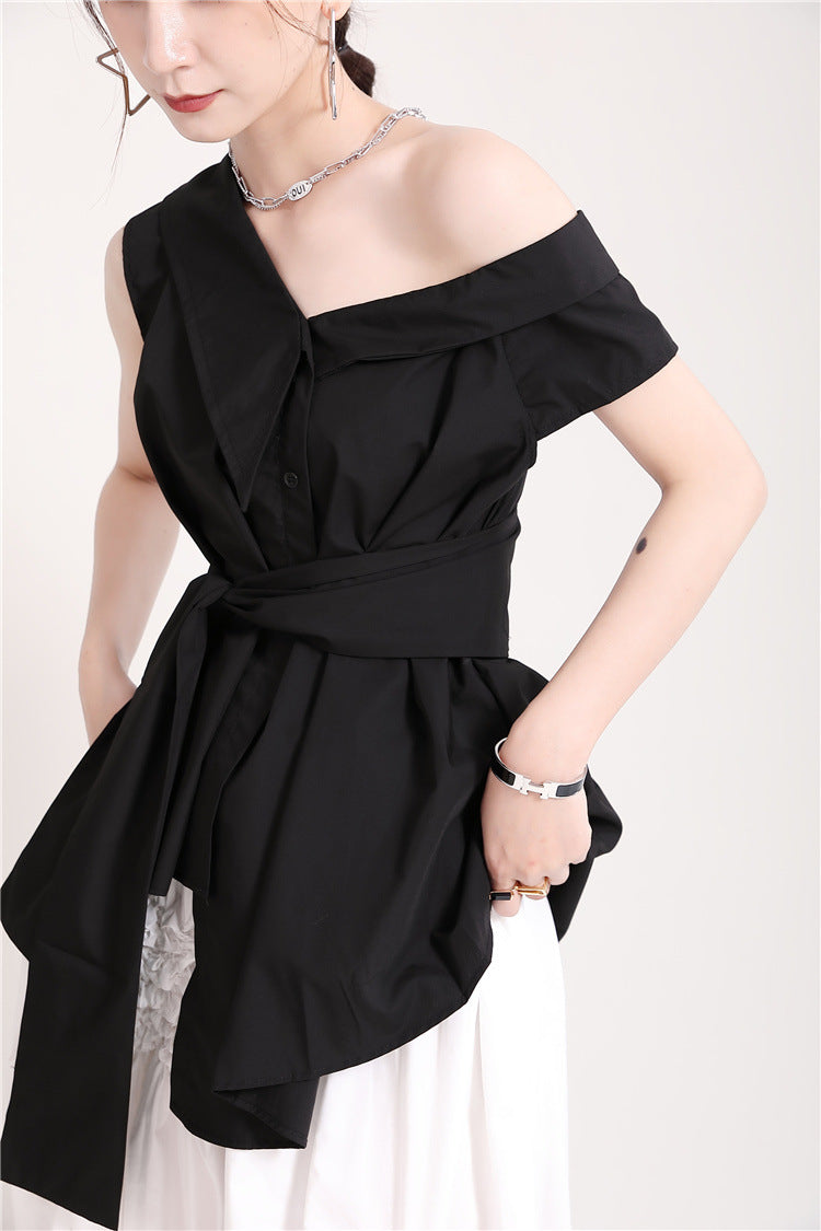 Women Lace Up Big Bow Irregular Slanted Shoulder Shirt