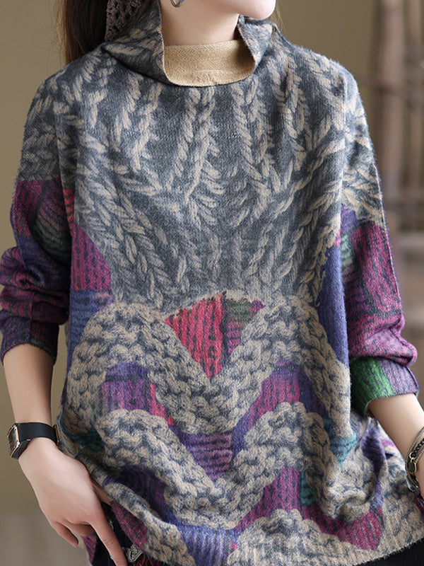 High Collar Printed Loose Versatile Sweater