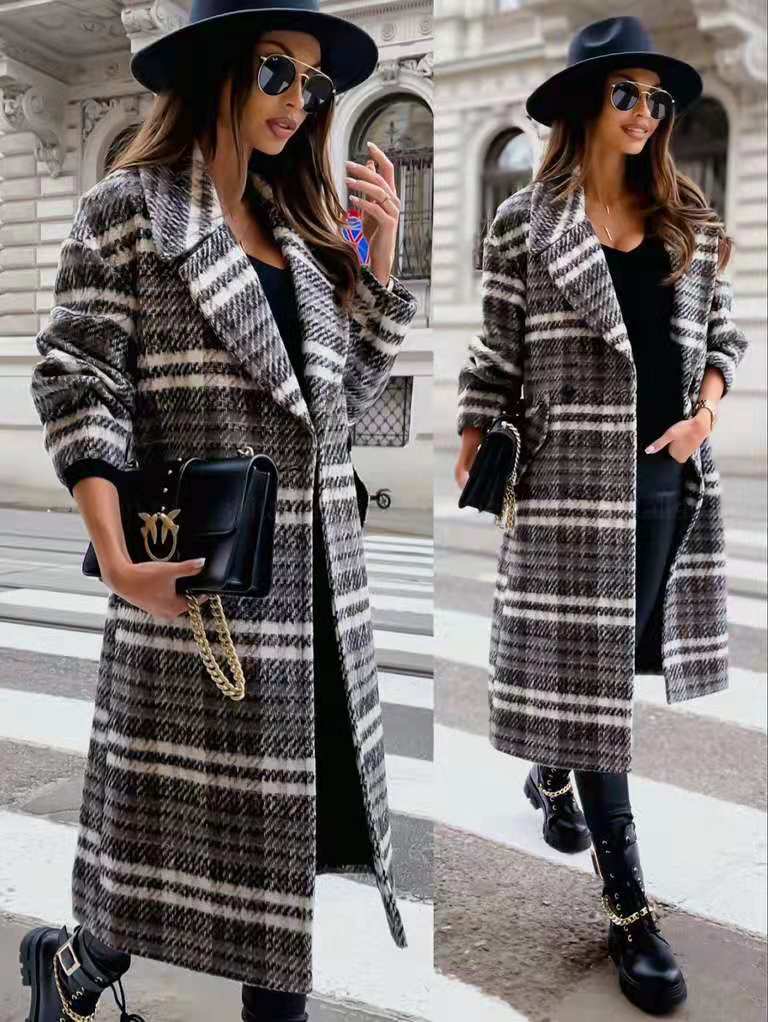 Classic Plaid Lapel Collar Midi Outerwear