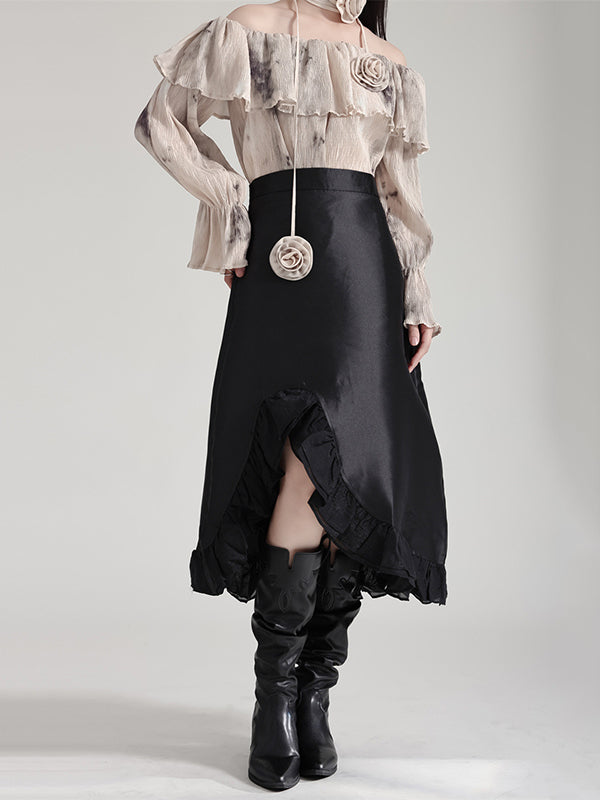 Asymmetric Ruffled Solid Color Split-Joint High Waisted Skirts Bottoms