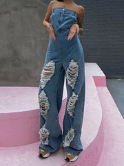 Stylish High-waisted Straight Wide Leg Jeans Jumpsuit