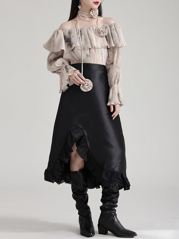 Asymmetric Ruffled Solid Color Split-Joint High Waisted Skirts Bottoms